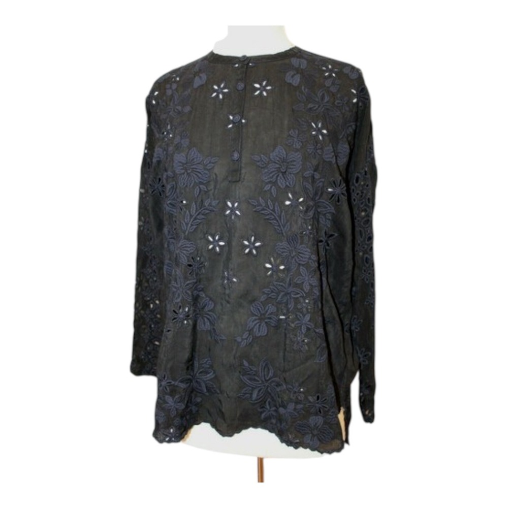 Johnny Was Sophia‎ Embroidered Eyelet Tunic Blouse L Black Navy Boho Artisan